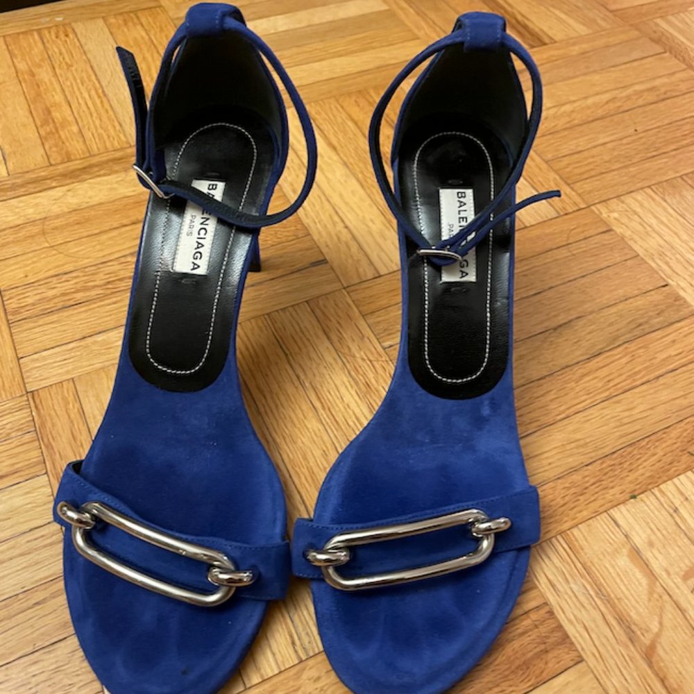 Balenciaga 3.5" Heeled Sandals, Buckle / Blue (US size 6 / EU 36.5)
